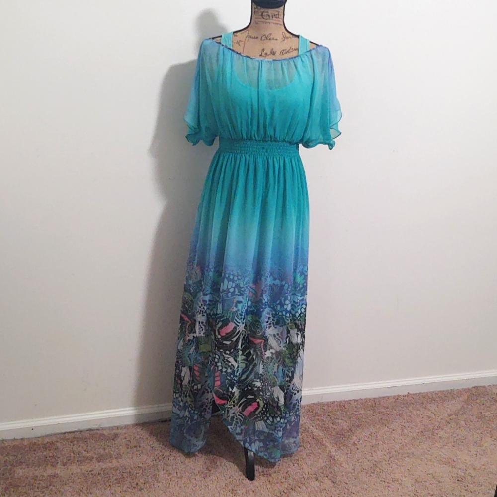 One World Colorful Butterfly Print Sheer Dress